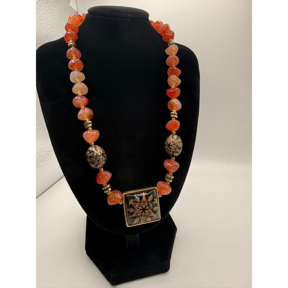 Vintage Signed Japan Carnelian Glass Bead Necklace Black Gold Foil Tensha Focal